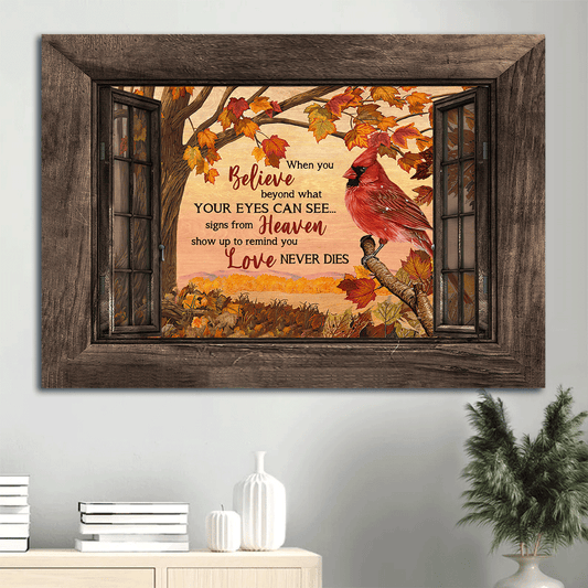 Memorial Landscape Canvas- Northern cardinal, Red maple leaf, Tree branch, Window frame- Gift for Family- Love never dies - Heaven Landscape Canvas Prints, Wall Art