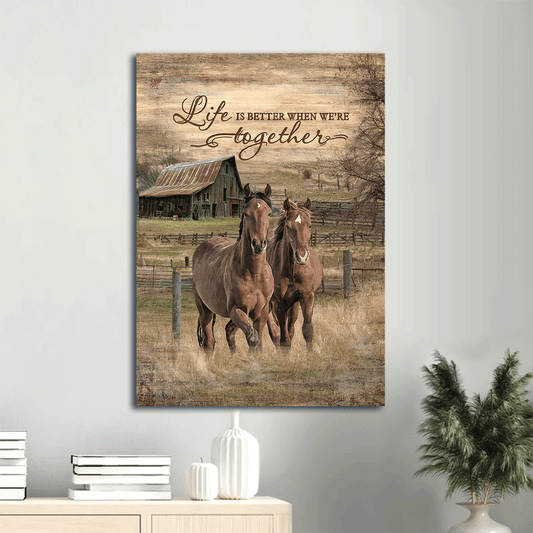 Couple Portrait Canvas - Running horse, Meadow land, Yellow sunset Canvas - Gift for couple, lover, Valentine's day - Life is better when we're together Portrait Canvas