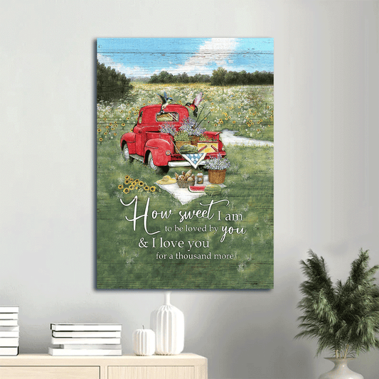 Couple Portrait Canvas- A Picnic, Red truck, On grass field, Hummingbird Portrait Canvas- Gift For Couple, Lover- I Love You For A Thousand More