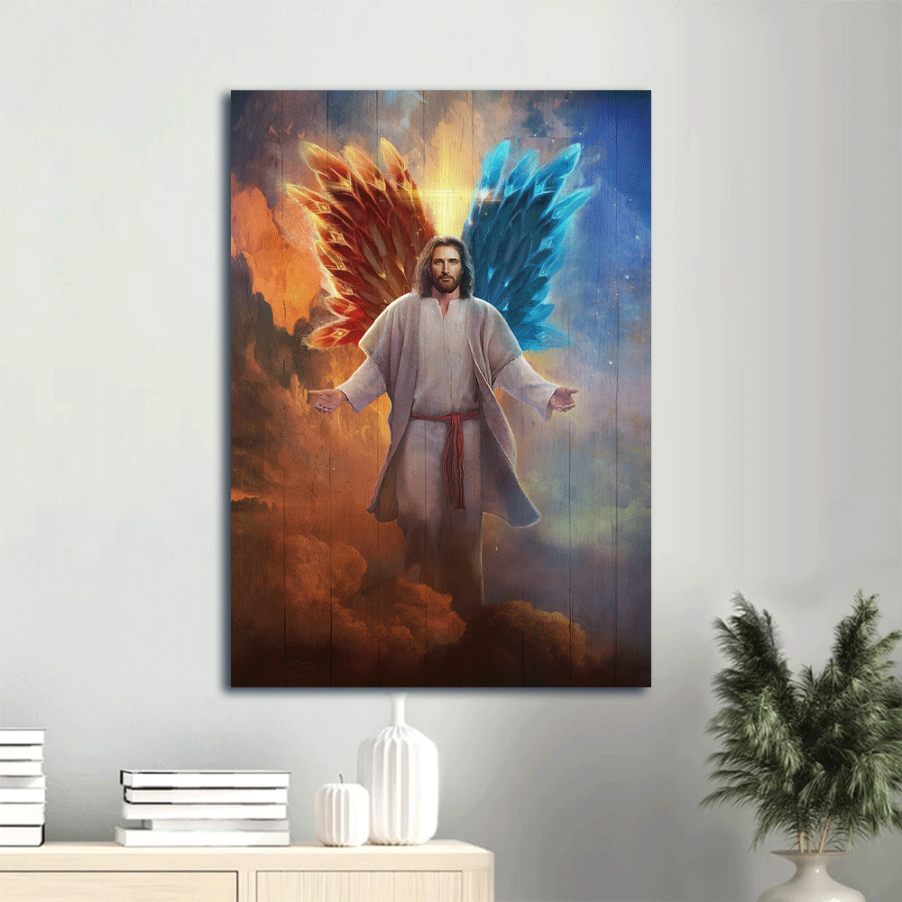 Jesus Portrait Canvas, Faith Portrait Canvas, Christian Portrait Canvas Gifts, God With Wings Drawing In Skies Behind Wall Art Decoration