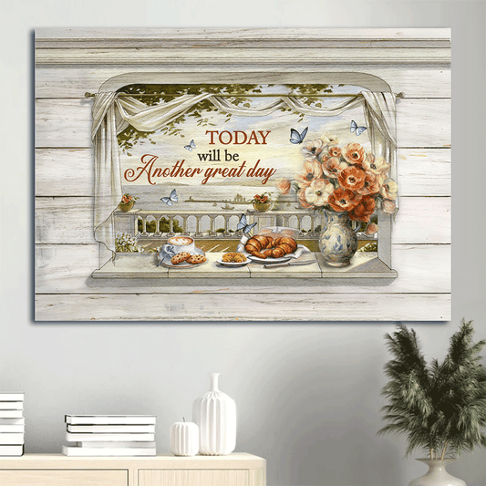 Jesus Landscape Canvas- Afternoon tea, Vintage painting, Window view, Sea view painting Landscape Canvas- Gift For Christian- Today will be another great day