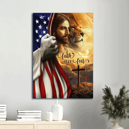 Jesus Portrait Canvas- Amazing Jesus Painting, Lion Of Judah, Light Cross, US Flag Canvas- Gift For Christian- Faith Over Fear