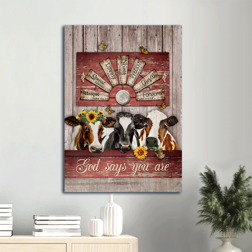 Jesus Portrait Canvas- Amazing Dairy Cow, Sunflower Wreath, Windmill Portrait Canvas- Gift For Christian- God Says You Are