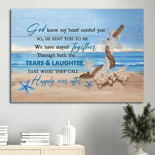 Couple Landscape Canvas - Anchor drawing, Blue island, Sea turtle Landscape Canvas - Gift For Couple, Spouse, Lover - God knew my heart needed you