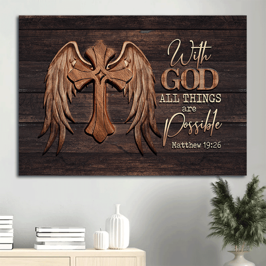 Memorial Landscape Canvas - Angel wings, Unique cross Landscape Canvas - Memorial Gift For Family Members - With God all things are possible