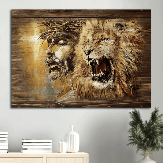 Jesus Landscape Canvas - Angry lion, Stunning Jesus face, Yellow background Landscape Canvas - Gift For Religious Christian