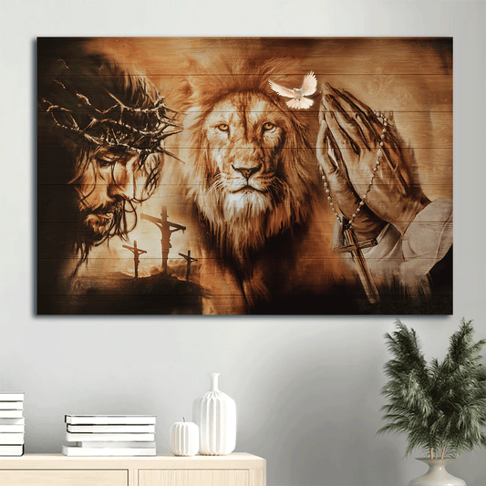 Jesus Landscape Canvas - Angry lion, The face of Jesus, Jesus on the cross, Pray for healing Landscape Canvas - Gift For Religious Christian