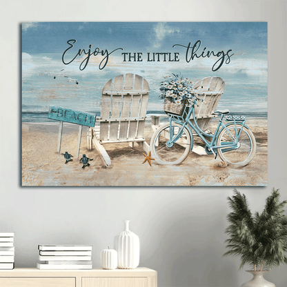 Jesus Landscape Canvas - Antique chair, Blue bicycle, Beautiful ocean Landscape Canvas - Gift For Christian - Enjoy the little things