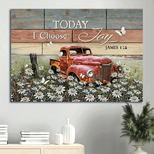 Jesus Landscape Canvas - Antique ladybug car, Daisy field, White butterfly Landscape Canvas - Gift For Christian -  Today I choose joy