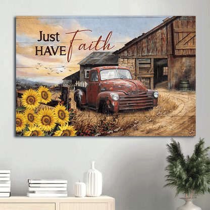 Jesus Landscape Canvas - Antique Ladybug Car, Old Farm, Sunflower Garden Landscape Canvas - Gift For Christian - Just Have Faith