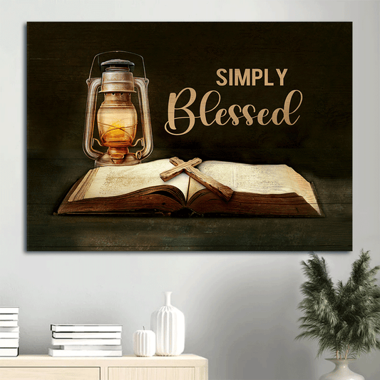Jesus Landscape Canvas - Antique lantern, Vintage bible, Cross drawing Landscape Canvas - Gift For Christian - Simply blessed