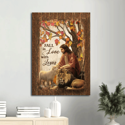God Jesus Landscape Canvas Wall Art, God Wall Art, Autumn forest drawing, Lion of Judah, White lamb, God And Lion, Fall in love with Jesus Landscape Canvas
