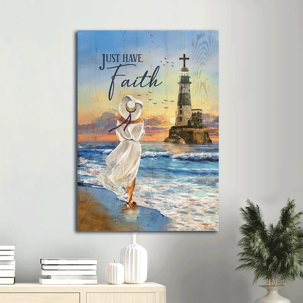 Jesus Portrait Canvas- Beautiful girl, Ocean drawing, Lighthouse, Seagull canvas- Gift for christian- Just have faith