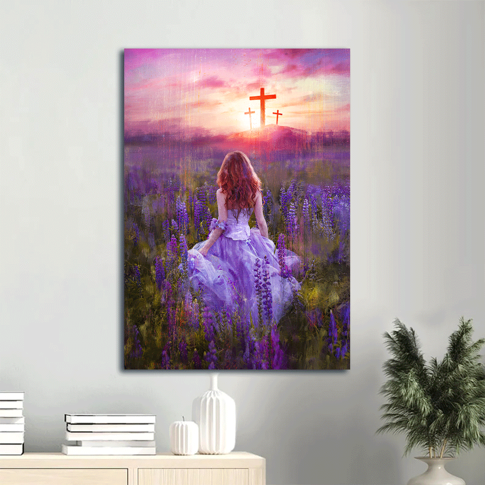 Jesus Portrait Canvas- Beautiful girl painting, Girl in the lavender field, Cross symbol canvas- Gift for Christian