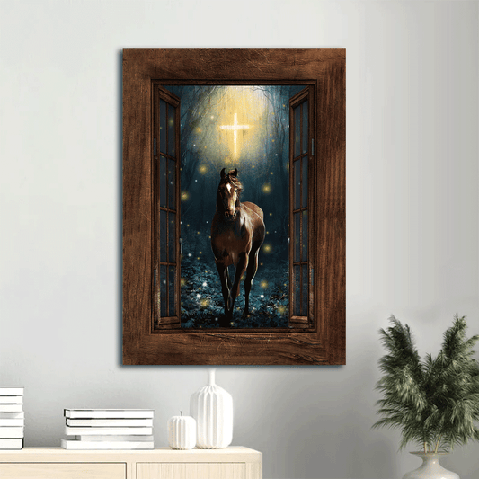 Jesus Portrait Canvas- Beautiful horse, Firefly drawing, Cross symbol, Wooden window canvas- Gift for Christian