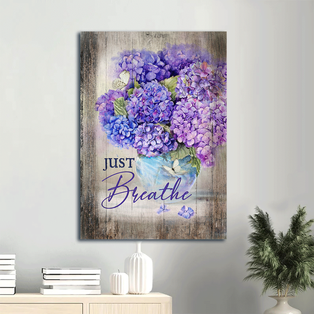 Jesus Portrait Canvas- Beautiful hydrangea drawing, Purple flower canvas- Gift for Christian- Just breathe