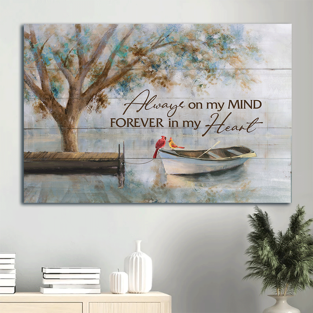 Memorial Landscape Canvas- Beautiful lake, Watercolor cardinal, Boat painting canvas- Gift for members family- Always on my mind, Forever in my heart