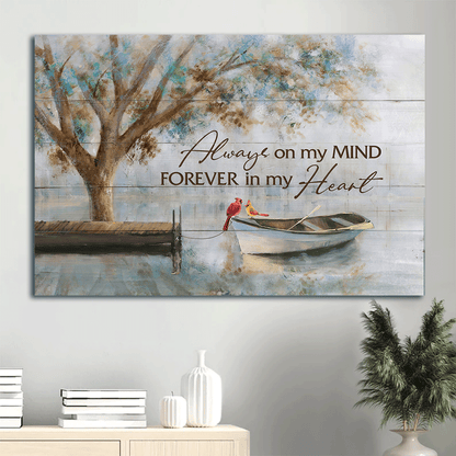 Memorial Landscape Canvas- Beautiful lake, Watercolor cardinal, Boat painting canvas- Gift for members family- Always on my mind, Forever in my heart