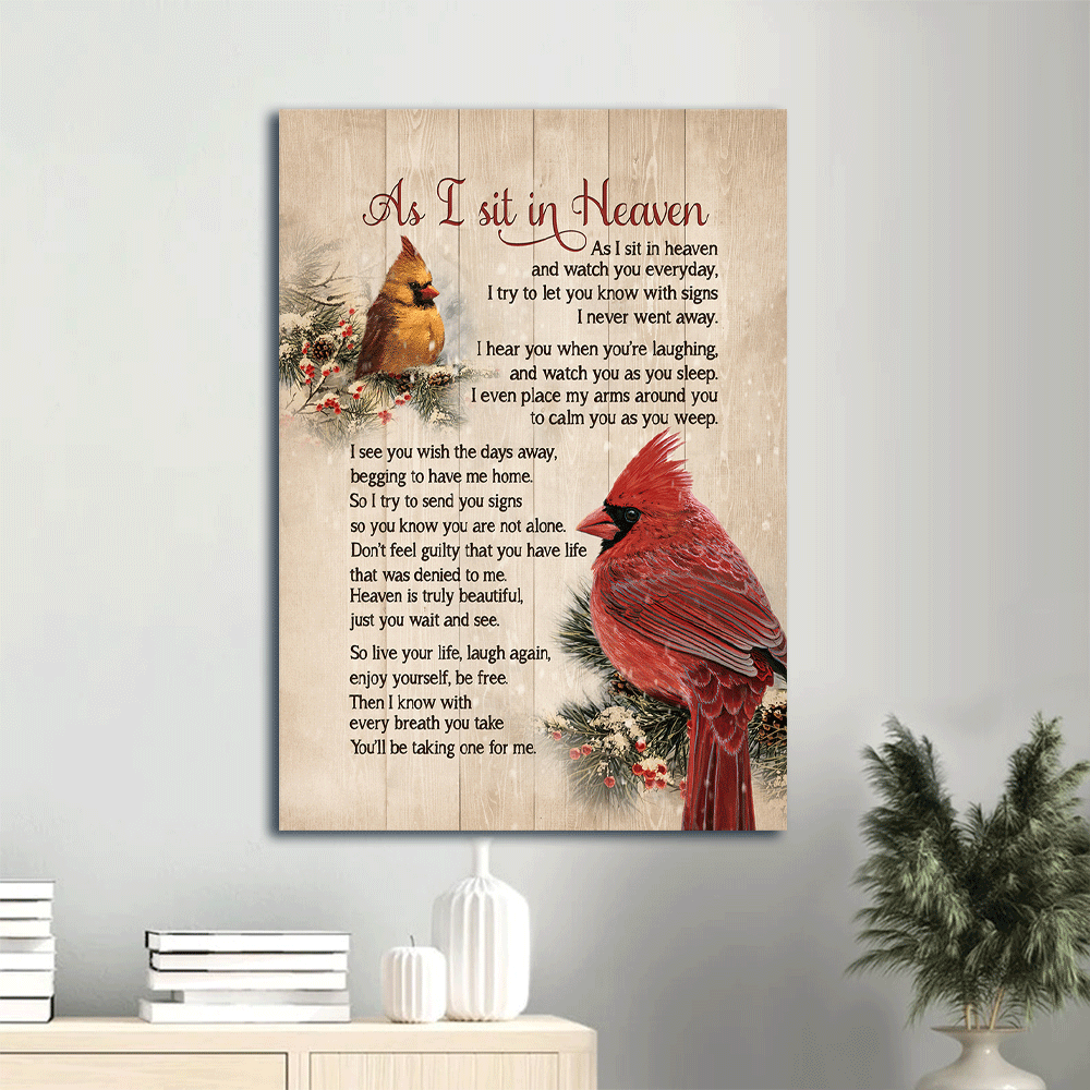Heaven Portrait Canvas, Big Cardinal Drawing, Frozen Cranberry, Winter Drawing Portrait Canvas, Memorial Gift For Family Members - As I Sit In Heaven