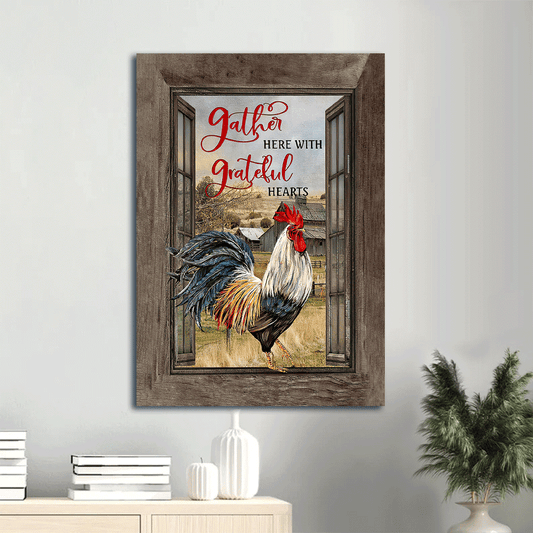 Jesus Portrait Canvas, Christian Wall Art, Big Rooster Chicken With Meadow Land Wall Art - Gather Here With Grateful Hearts Portrait Canvas
