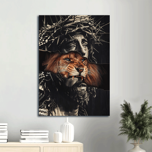 Jesus, Lion, Faith, God - Portrait Canvas - Stunning crown of thorn, Brown lion - Wall Decor Gift For Christian, Believer In Jesus