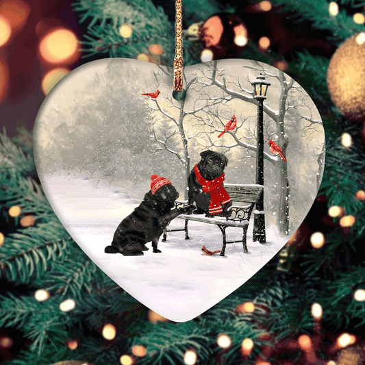 Pug -  Christmas Heart Ceramic Ornament- Couple Black Pug, Winter Park, Red Cardinal, On A Date - Gifts For Christmas Home Decor, Gifts For Pug Lover, Gifts For Dog Lover, Dog Mom