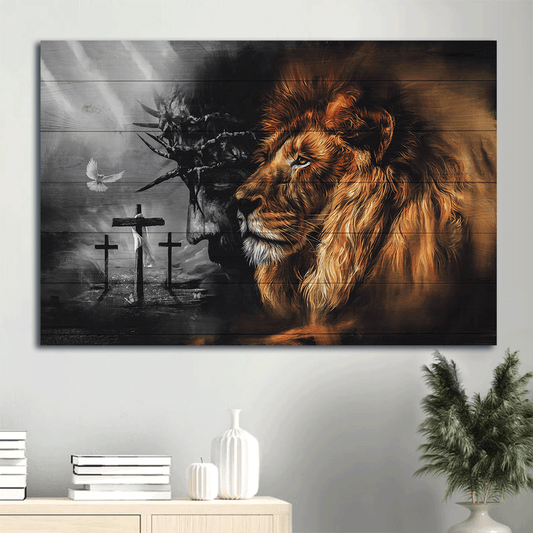 Lion and Jesus Portrait Landscape Canvas, Christian Wall Art - Black And White Jesus Painting, Lion Painting, Lion Of Judah - Jesus Landscape Canvas - Wall Decor Framed Gift For Christian