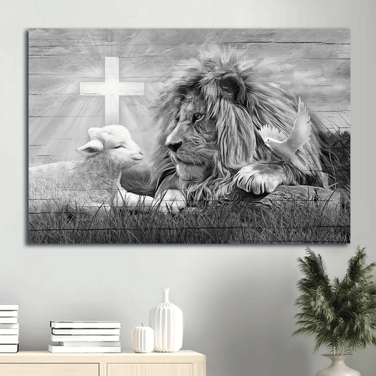 Lion Landscape Canvas, Black and white Lion and Lamb Landscape Canvas - Wall Decor Framed Gift For Christian