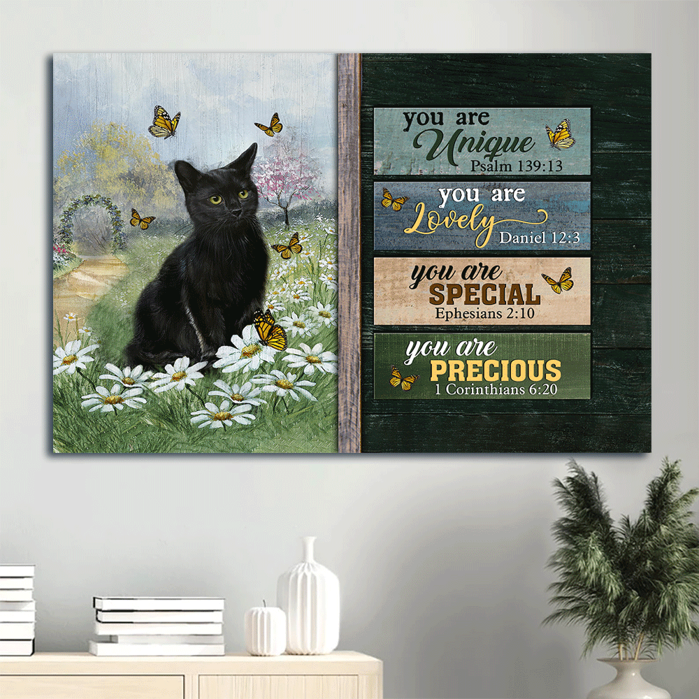 Black cat Landscape Canvas- Black cat, Daisy field, Monarch butterfly- Gift for Cat lover- You are unique - Landscape Canvas Prints, Christian Wall Art