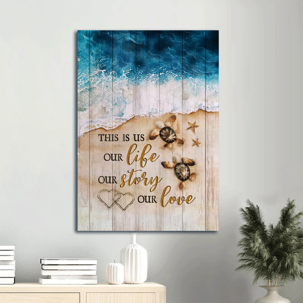 Family Portrait Canvas- Blue beach, Baby turtle, Seashell art canvas- Gift for family- This is us - Portrait Canvas Prints, Wall Art