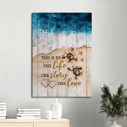 Family Portrait Canvas- Blue beach, Baby turtle, Seashell art canvas- Gift for family- This is us - Portrait Canvas Prints, Wall Art