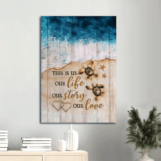 Family Portrait Canvas- Blue beach, Baby turtle, Seashell art canvas- Gift for family- This is us - Portrait Canvas Prints, Wall Art