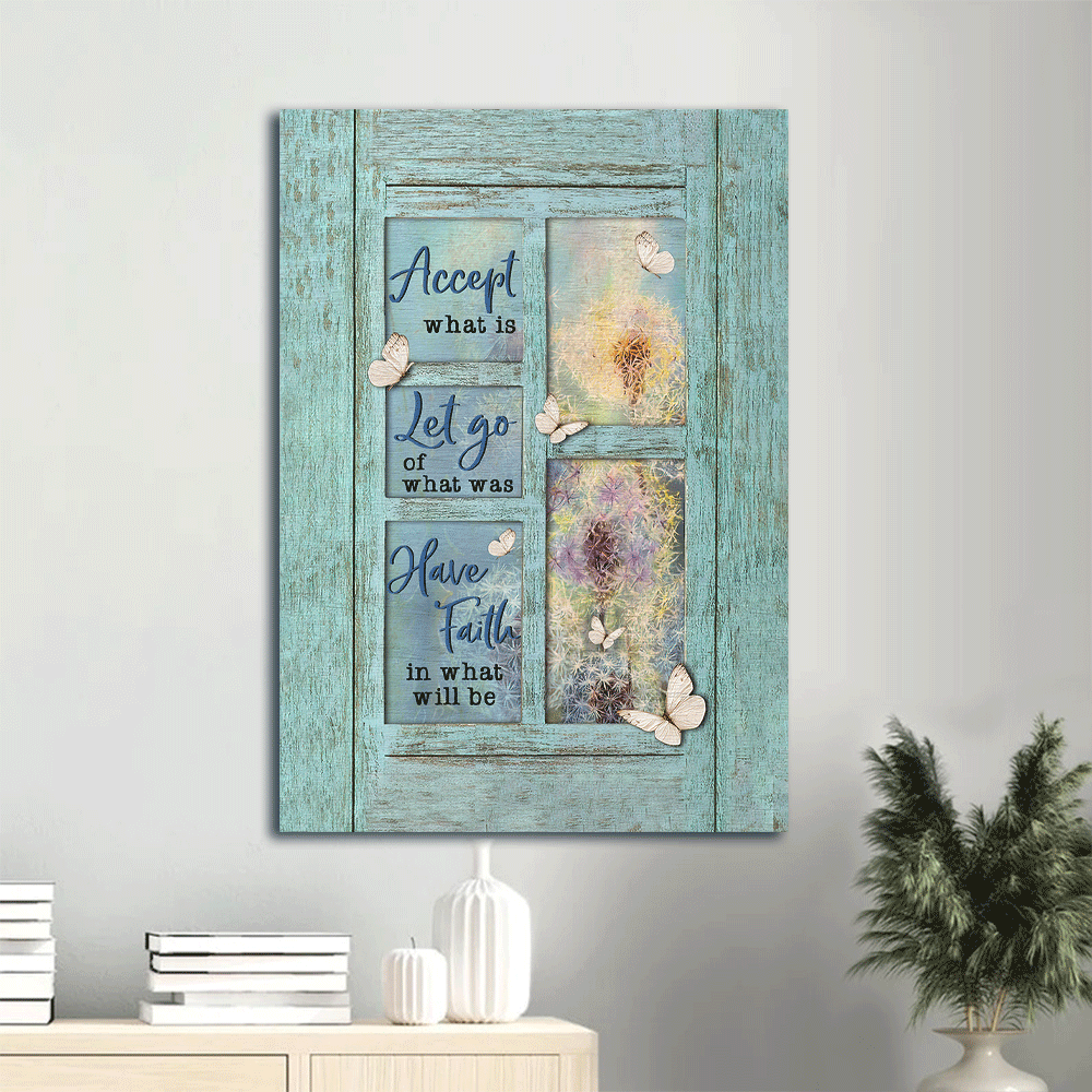 Jesus Portrait Canvas- Blue Window, Pretty Dandelion, Beautiful Butterfly canvas- Gift for Christian- Accept What Is Let Go - Portrait Canvas, Wall Art