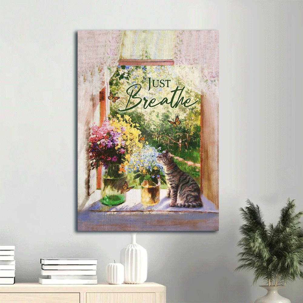 Jesus Portrait Canvas- Brilliant flower garden, Pretty cat, Spring painting, Butterfly canvas- Gift for Christian- Just breathe - Portrait Canvas Prints, Christian Wall Art