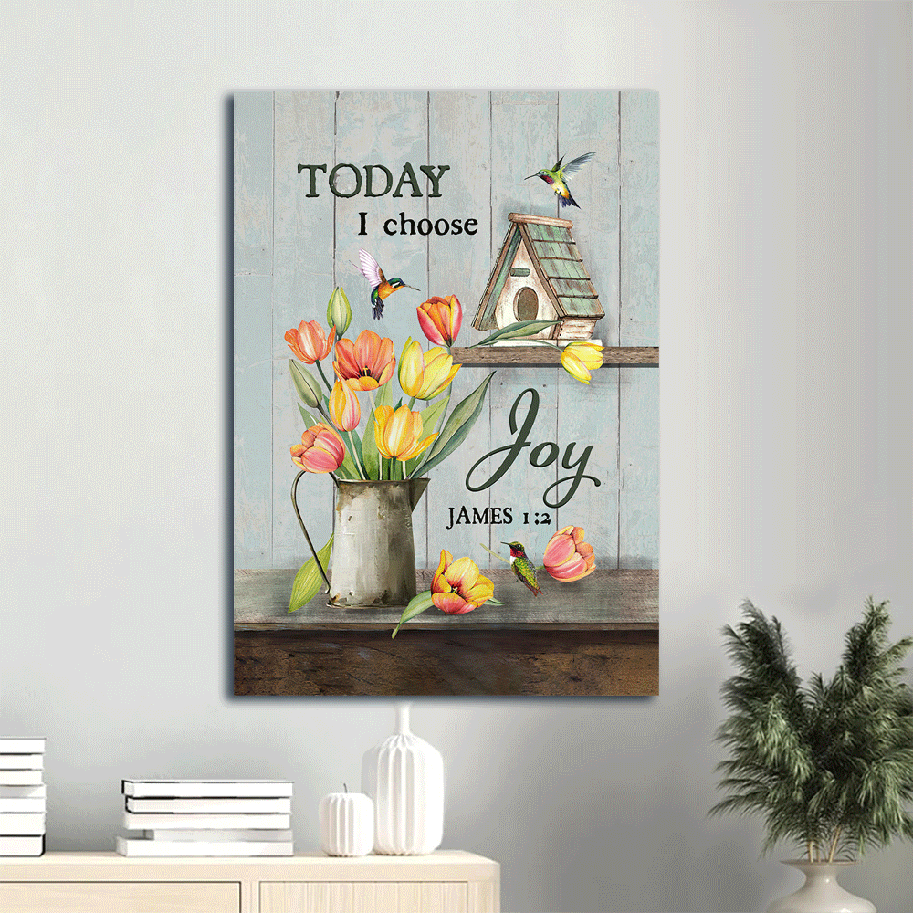 Jesus Portrait Canvas- Brilliant tulip drawing, Wooden bird house, Colorful hummingbird canvas- Gift for Christian- Today I choose joy -  Portrait Canvas Prints, Wall Art