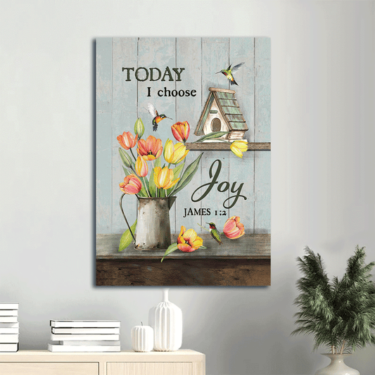 Jesus Portrait Canvas- Brilliant tulip drawing, Wooden bird house, Colorful hummingbird canvas- Gift for Christian- Today I choose joy -  Portrait Canvas Prints, Wall Art