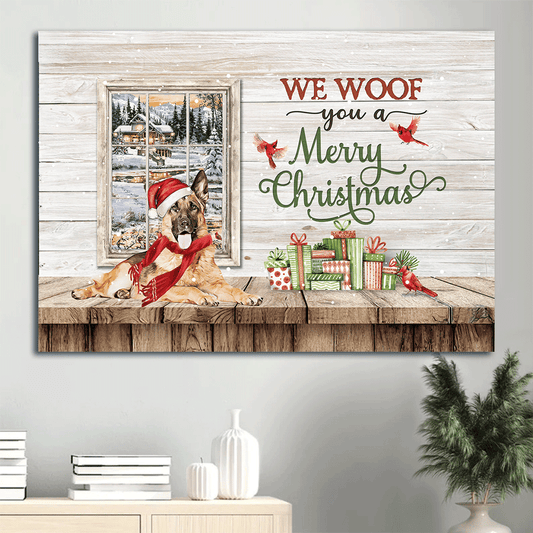 German Shepherd Landscape Canvas- German shepherd dog, Winter painting, Red Cardinal - Gift for Dog lover- We woof you a merry Christmas - Landscape Canvas Prints, Wall Art