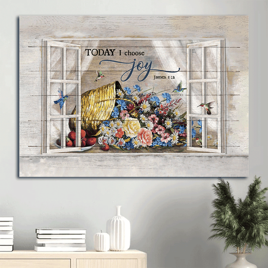 Jesus Landscape Canvas- Colorful Flower, Hummingbird, Window Frame, Today I Choose Joy canvas- Gift for Christian - Landscape Canvas, Wall Decor