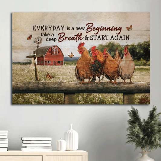 Jesus Landscape Canvas- Cute rooster, Happy farm, Red house, Orange butterfly canvas- Gift for Christian- Everyday is a new beginning