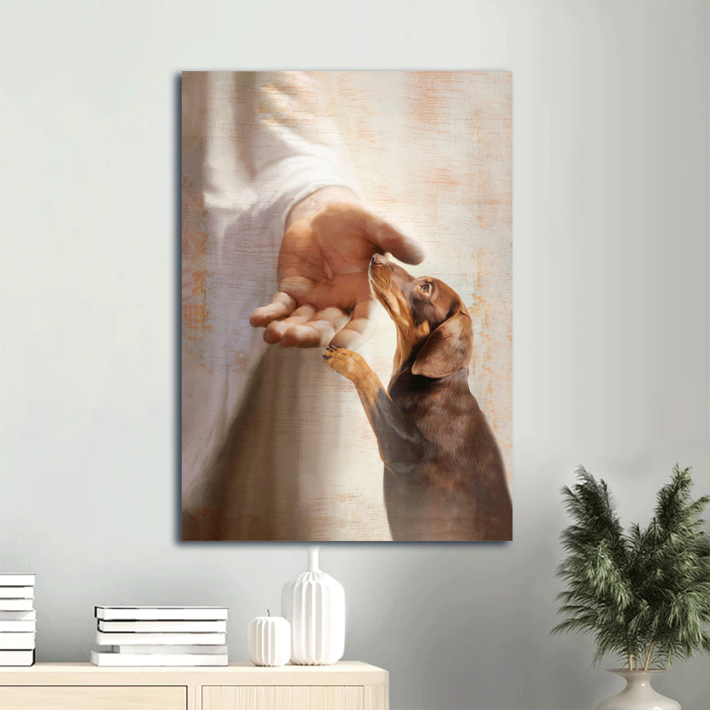 Dachshund Portrait Canvas- Dachshund dog, Jesus's hand, Light background, Dog painting canvas- Gift for Dachshund lover