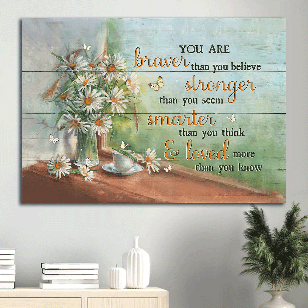Jesus Landscape Canvas- Daisy drawing, Tea cup, Green background, White butterfly canvas- Gift for Christian- You are braver than you believe