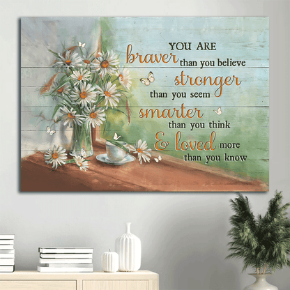 Jesus Landscape Canvas- Daisy drawing, Tea cup, Green background, White butterfly canvas- Gift for Christian- You are braver than you believe