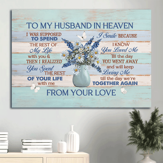 Memorial Landscape Canvas- To my husband canvas, Daisy drawing, White butterfly, Blue hyacinth canvas- Gift for Husband- To my husband in heaven from your love