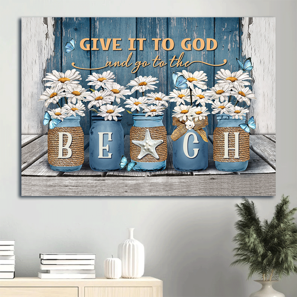 Jesus Landscape Canvas- Daisy painting, Blue butterfly canvas- Gift for Christian- Give it to God and go to the beach