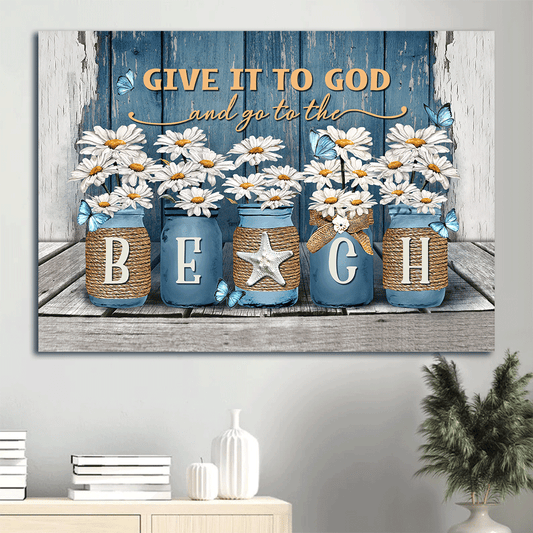 Jesus Landscape Canvas- Daisy painting, Blue butterfly canvas- Gift for Christian- Give it to God and go to the beach