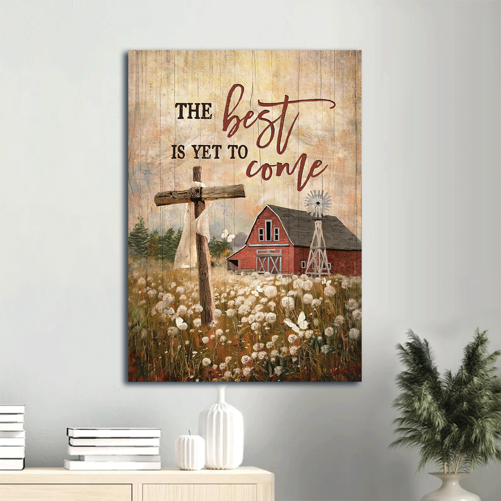 Jesus Portrait Canvas- Dandelion field, Wooden cross, Red barn, White butterfly canvas- Gift for Christian- The best is yet to come