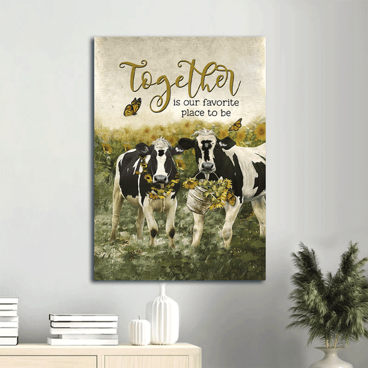 Family Portrait Canvas- Dairy cow drawing, Sunflower field, Orange butterfly canvas- Gift for members family- Together is our favorite place to be