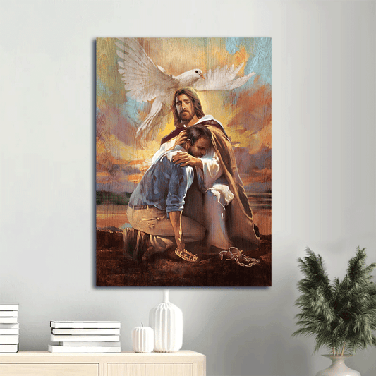 Jesus Portrait Canvas- Dove of peace, Beautiful sunset, Amazing crown, Sheltered in the arms of God canvas- Gift for Christian