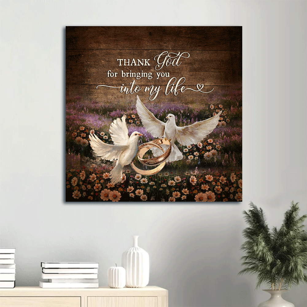 Couple Square Canvas - Dove painting, Wedding rings, Couple rings, Beautiful flower field, Vintage painting Square Canvas - Gift For Couple, Spouse, Lover - Thank God for bringing you into my life