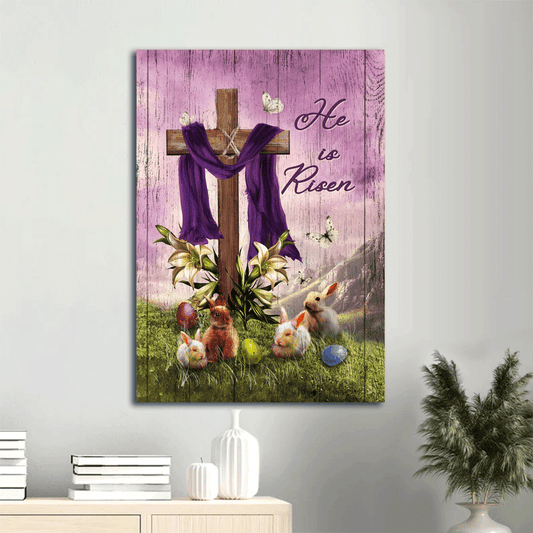 Jesus Portrait Canvas- Easter Bunny, Cross symbol, Lily flower, White butterfly, Purple silk canvas- Gift for Christian- He is risen
